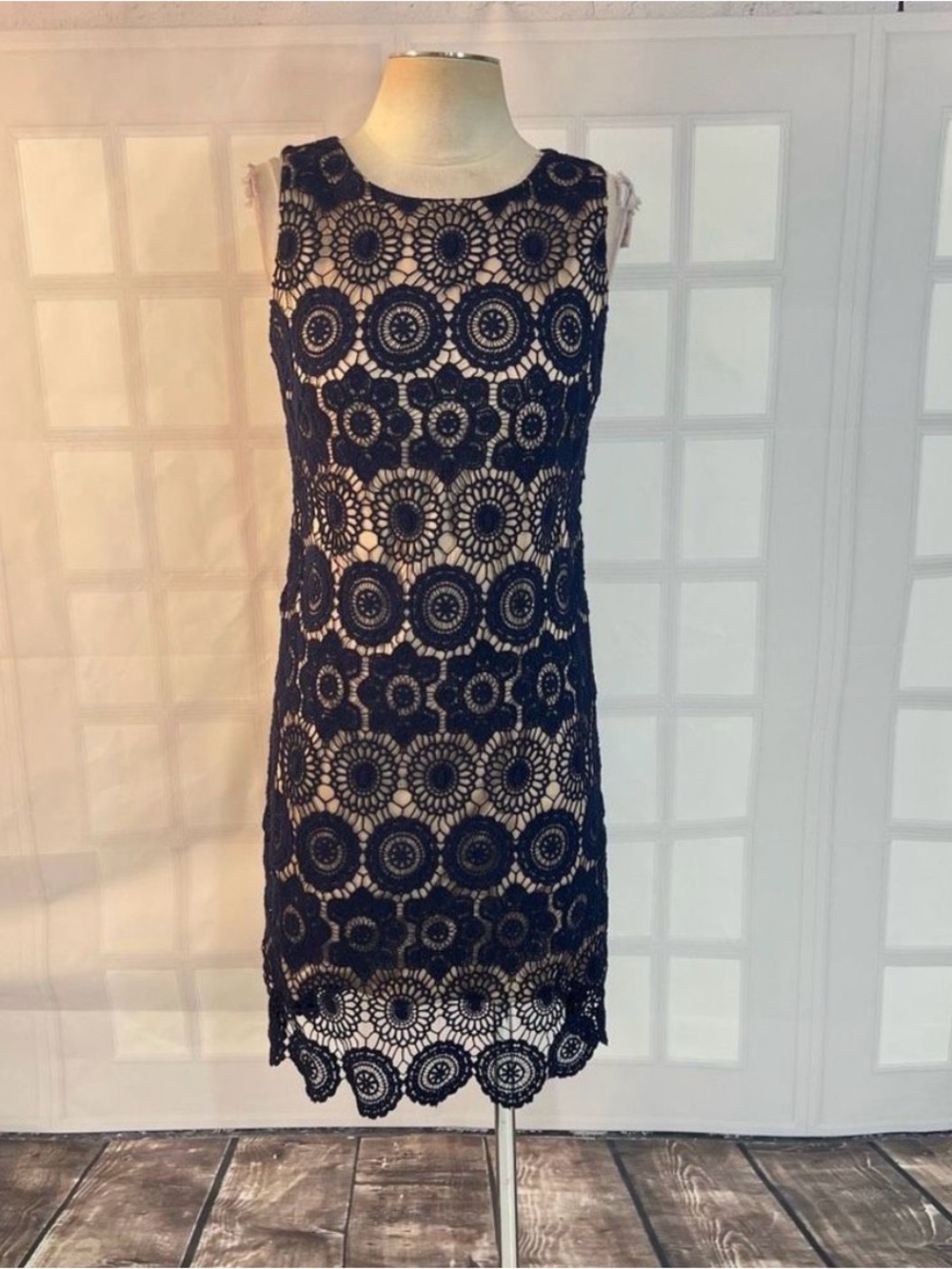 Eliza J Sleeveless Navy Lace Nude-Lined Sheath Overlay Dress Size 4 NWOT